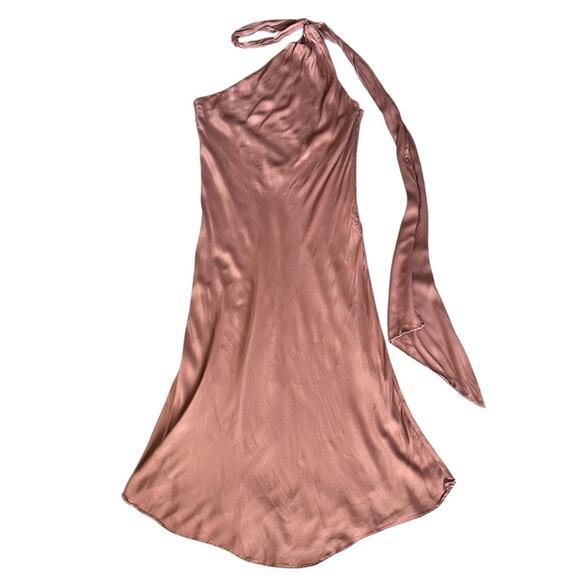 BHLDN Anthropologie Nicoletta One Shoulder Scarf Satin Midi Dress Cedar Brown XL - Picture 2 of 15